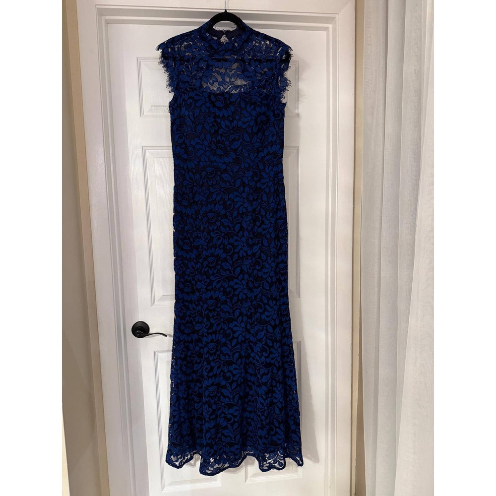 Eliza J Blue Black Floral Lace Gown Dress Size 12 Mock Neck Open Back Formal - Picture 1 of 8